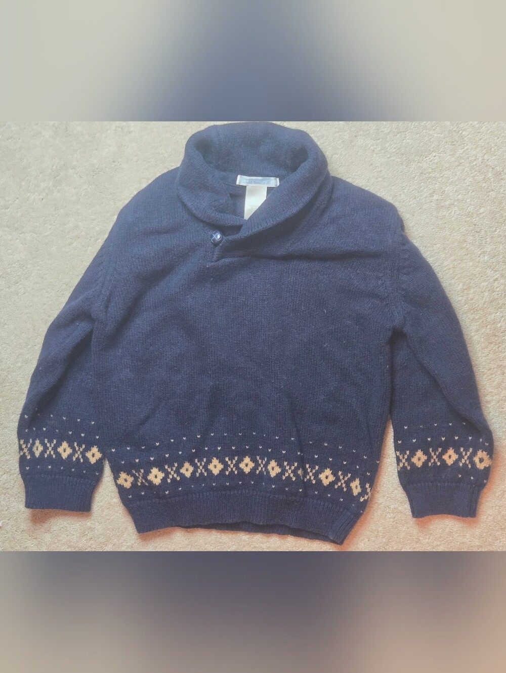 Janie and Jack Navy Turtleneck Sweater with Tan Fair Isle Trim